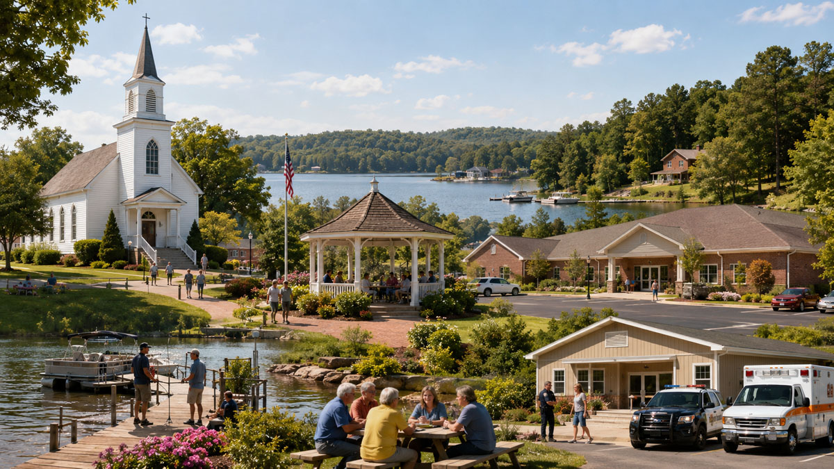 Community church and village green near Lake Wedowee
