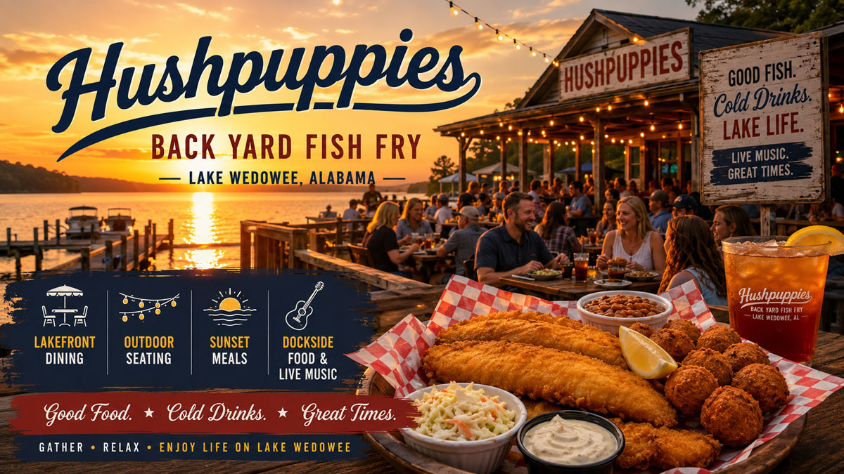 Hushpuppies lakefront dining outdoor seating sunset meals and live music feature
