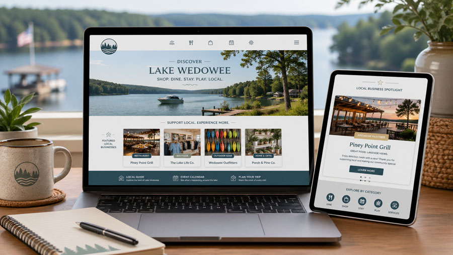 Homepage featured spotlight card and page for Lake Wedowee businesses