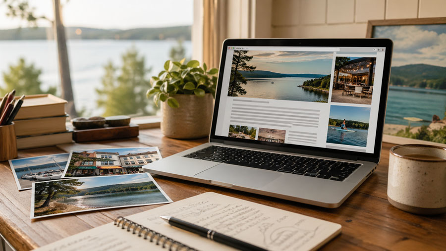 Featured article card and page with business photos notes and local spotlight presentation