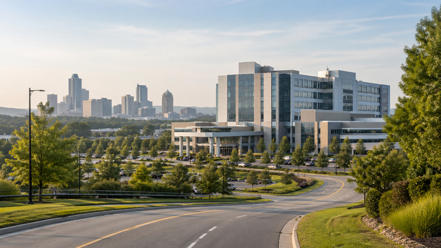 Modern medical center and Birmingham skyline representing regional medical access