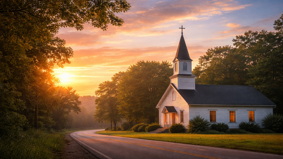 White country church beside a quiet rural road at sunrise