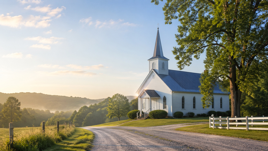 Peaceful Clay County country church with rolling hills, trees, and a quiet rural road