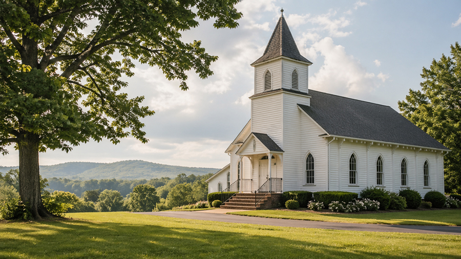 Historic Cleburne County church with steeple, trees, and gently rolling Alabama hills