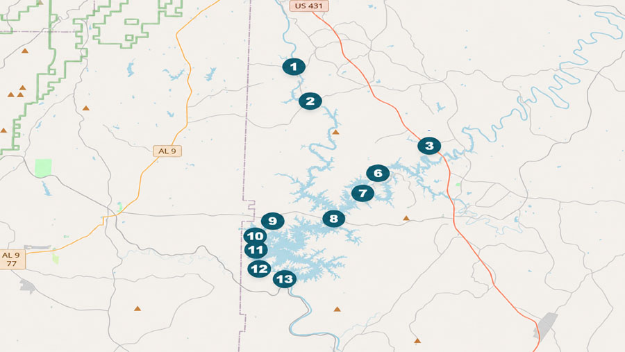 Lake Wedowee access map with public access points and lake-area navigation