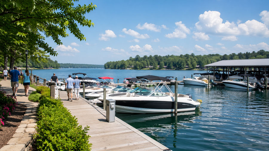 Marina boats and outdoor lake business scene near Lake Wedowee