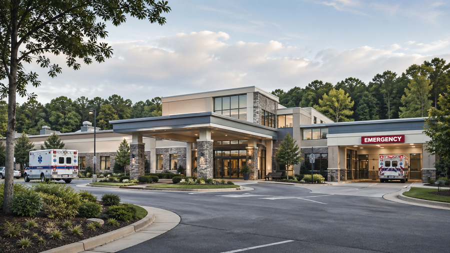 Community hospital entrance representing local hospitals and medical care