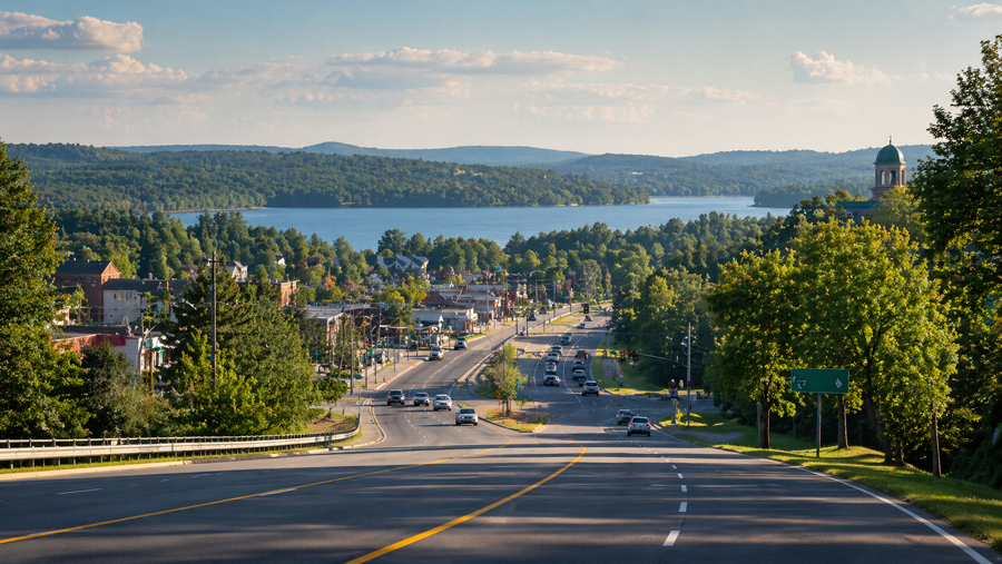Regional road and lake-country town scene representing access around Lake Wedowee