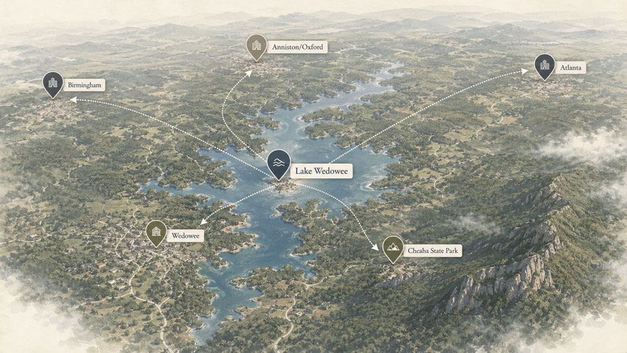 Illustrated regional overview showing Lake Wedowee connections to nearby cities, Cheaha State Park, and East Alabama travel areas