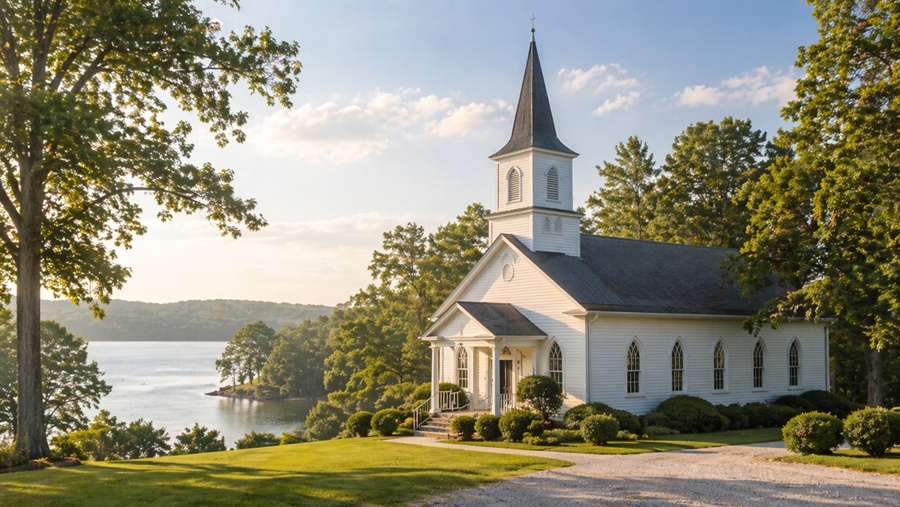 Peaceful Tallapoosa County church beside lake water with trees and rolling hills