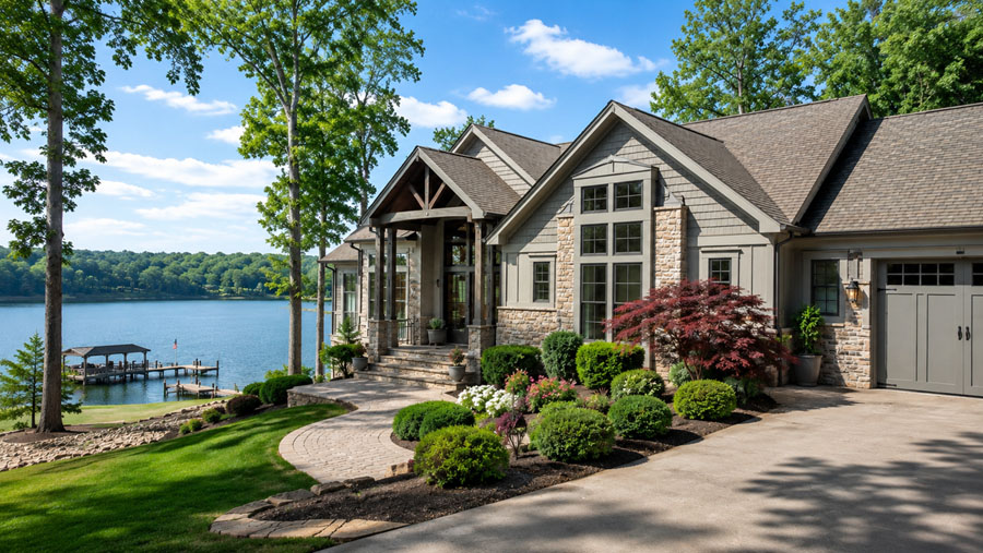 Lake Wedowee lakefront home exterior with landscaping and water view