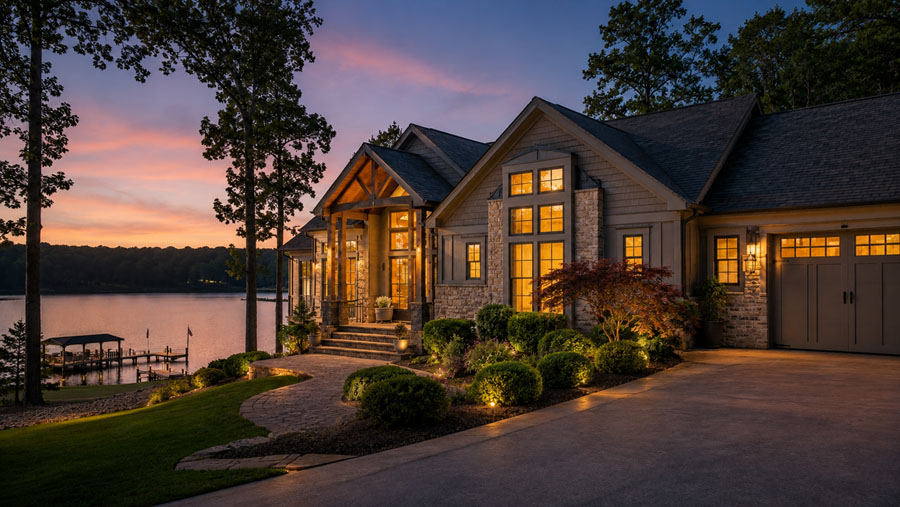 Twilight exterior of a Lake Wedowee lakefront home with warm lights and water nearby