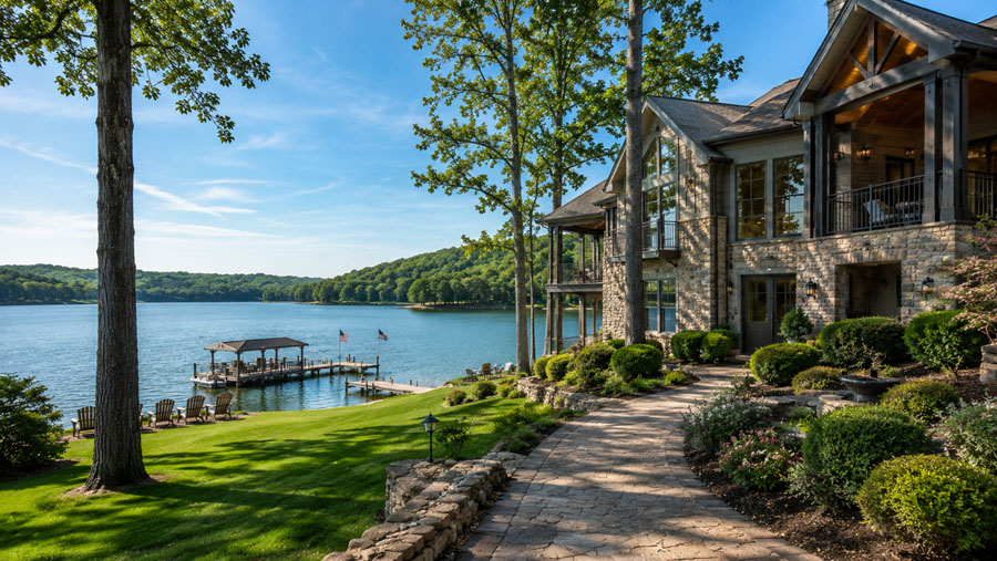 Lake-facing yard with landscaped path, shoreline, dock, and water view