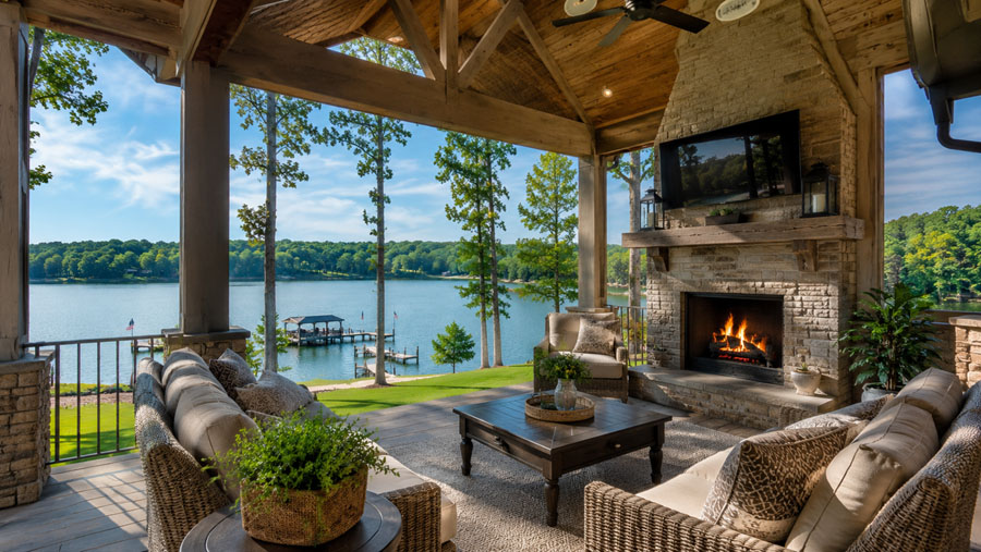 Covered lakefront porch with outdoor seating and scenic water view