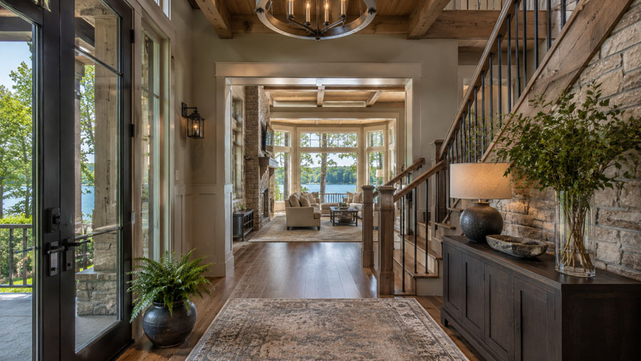 Rustic luxury entryway with warm wood details and lake view beyond