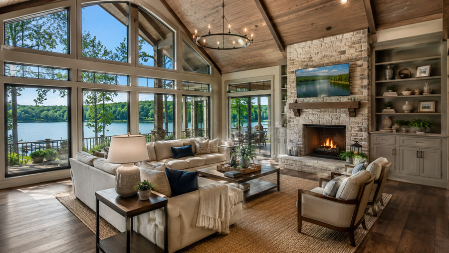 Luxury lakefront living room with fireplace, tall windows, and water views