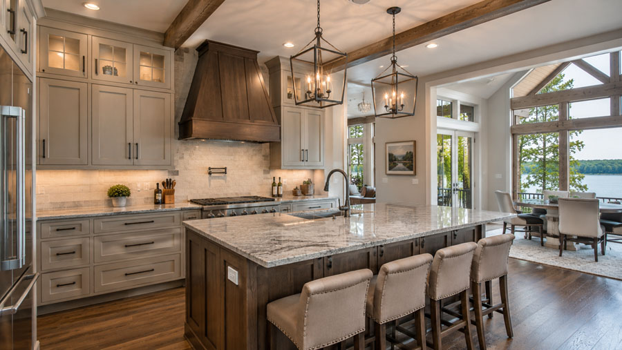 Upscale lakefront kitchen with large island, pendant lights, and open view