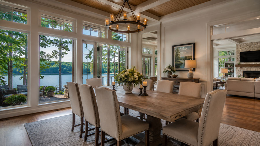 Dining room with large windows, warm finishes, and Lake Wedowee view