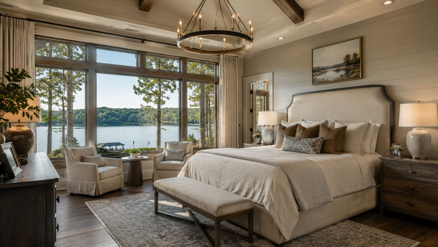 Primary bedroom with neutral decor, sitting area, and lake view