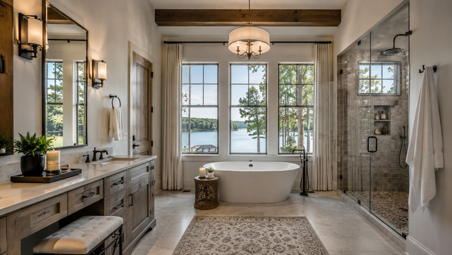 Primary bathroom with luxury finishes, soaking tub, shower, and lake view