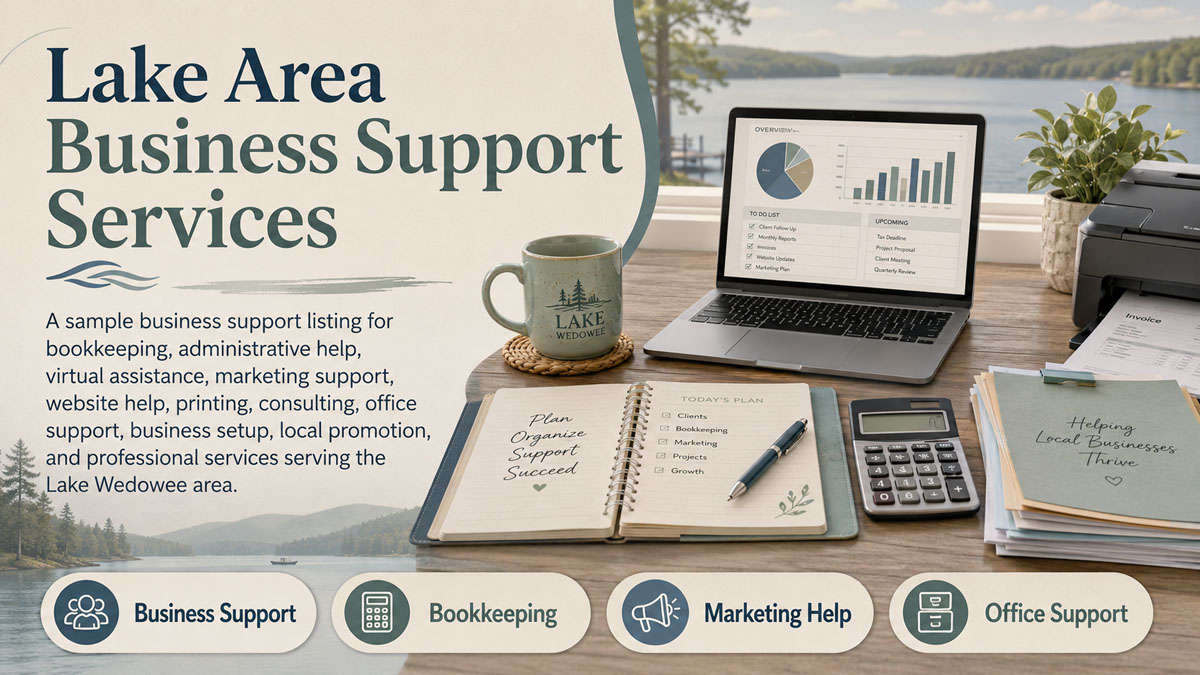 Lake Area Business Support Services sample listing for bookkeeping, marketing help, and office support around Lake Wedowee